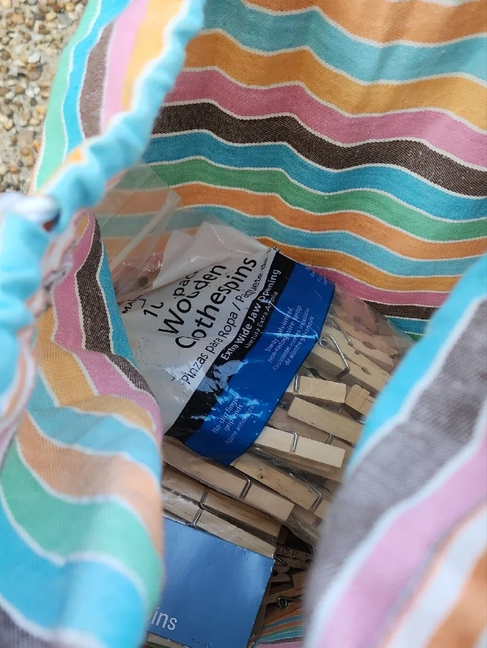 Draw String Striped Bag With Clothes Pins Along With 50+ Clothes Pins